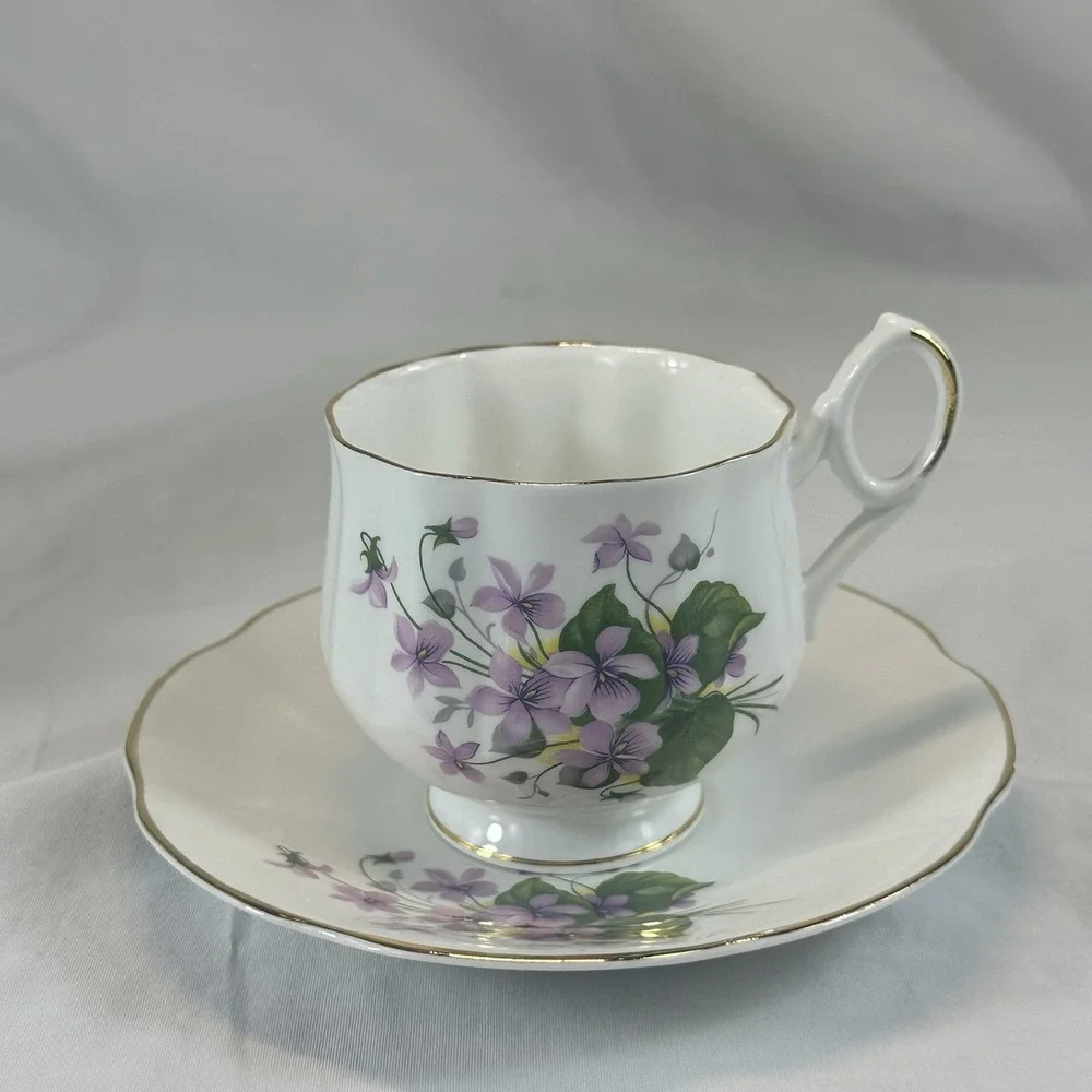 Royal Dover February Violets Teacup Saucer Bone China England Cottagecore Flower